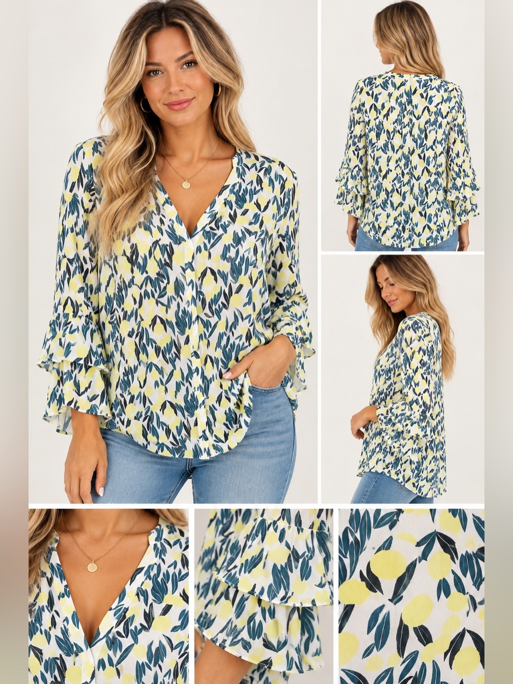 Ann Taylor Factory Women's Lemon Print V-Neck Ruffle Sleeve Blouse size large
